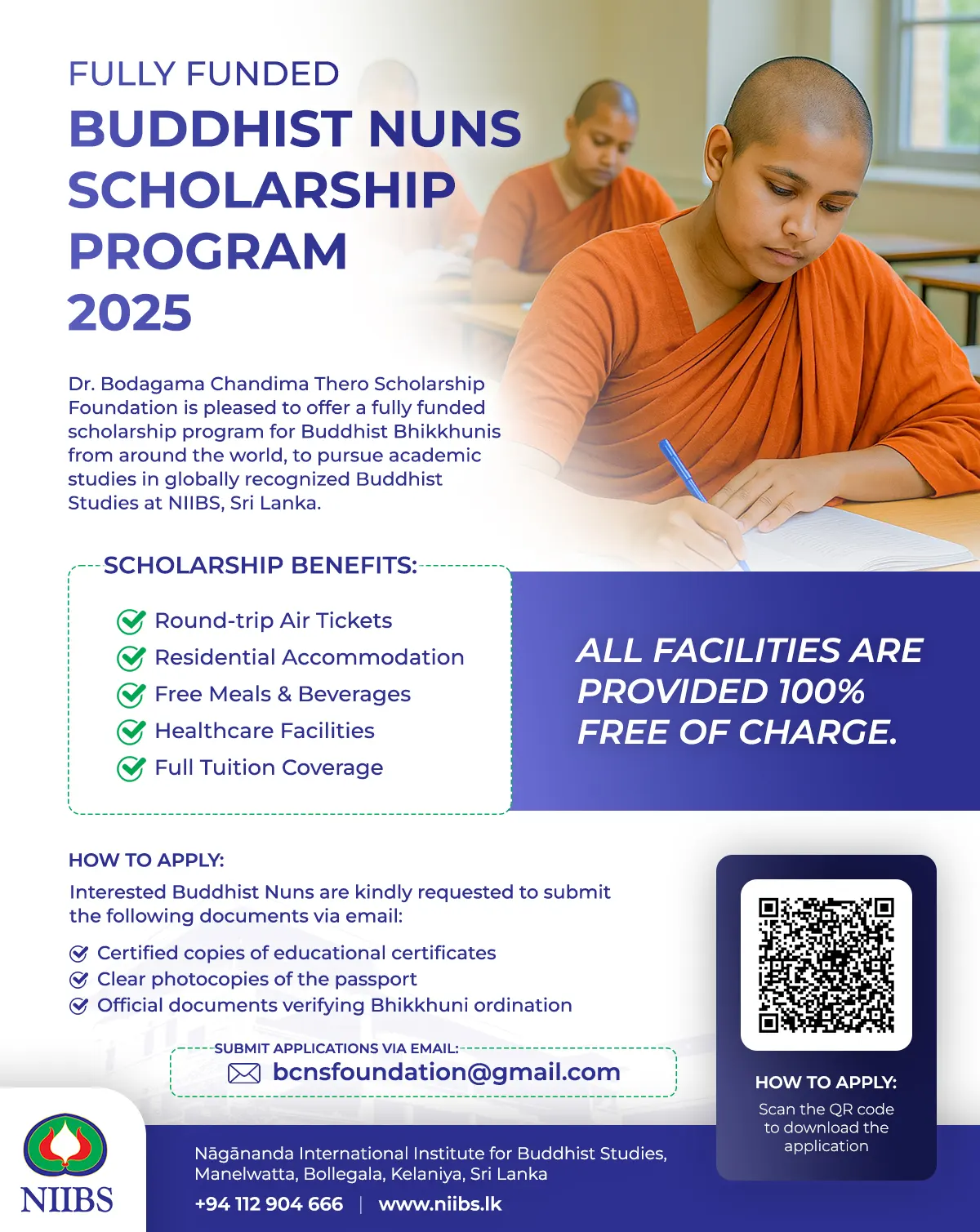 Fully Funded Buddhist Nuns Scholarship Program Flyer