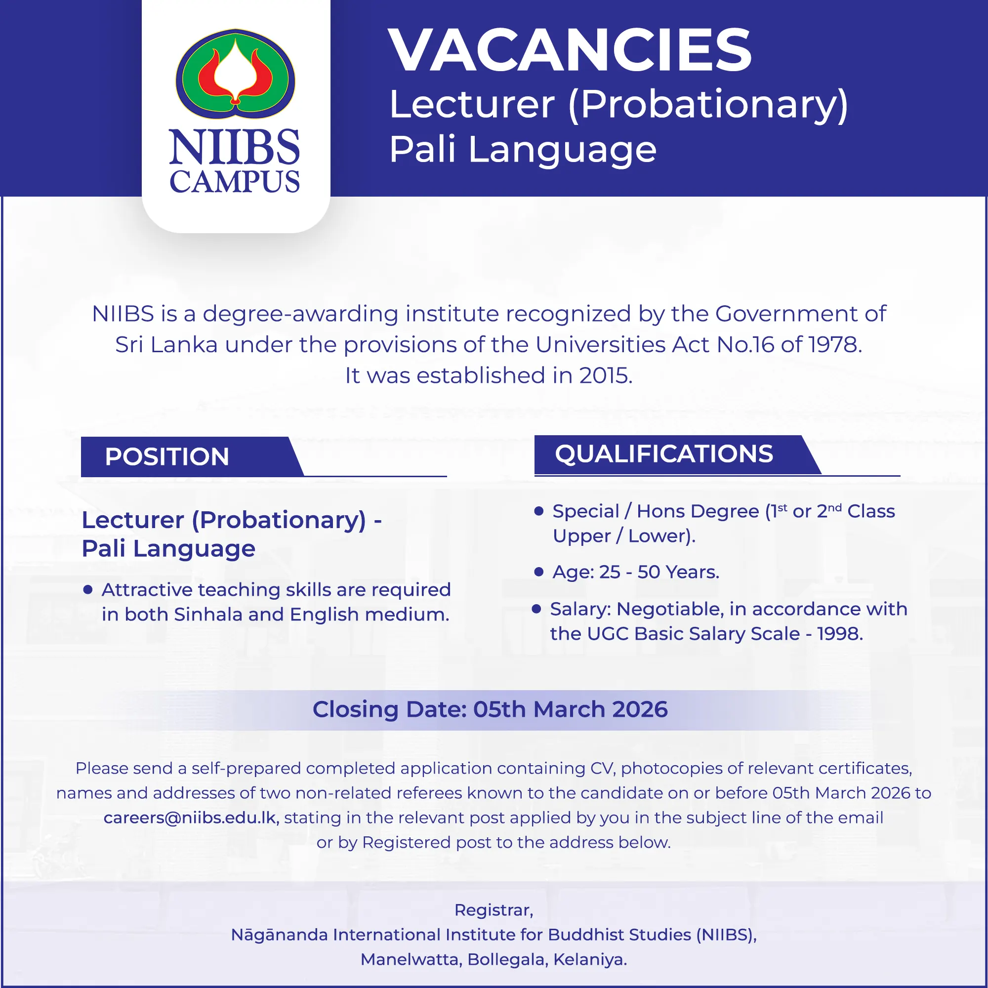 Lecturer (Probationary) - Pali Language